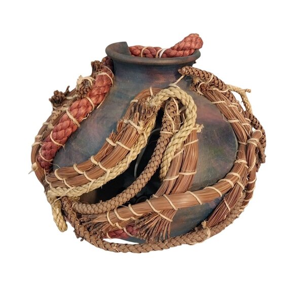 Raku Pottery Luminary Lamp With Pine Needle Natural Accents Signed - Picture 2 of 9